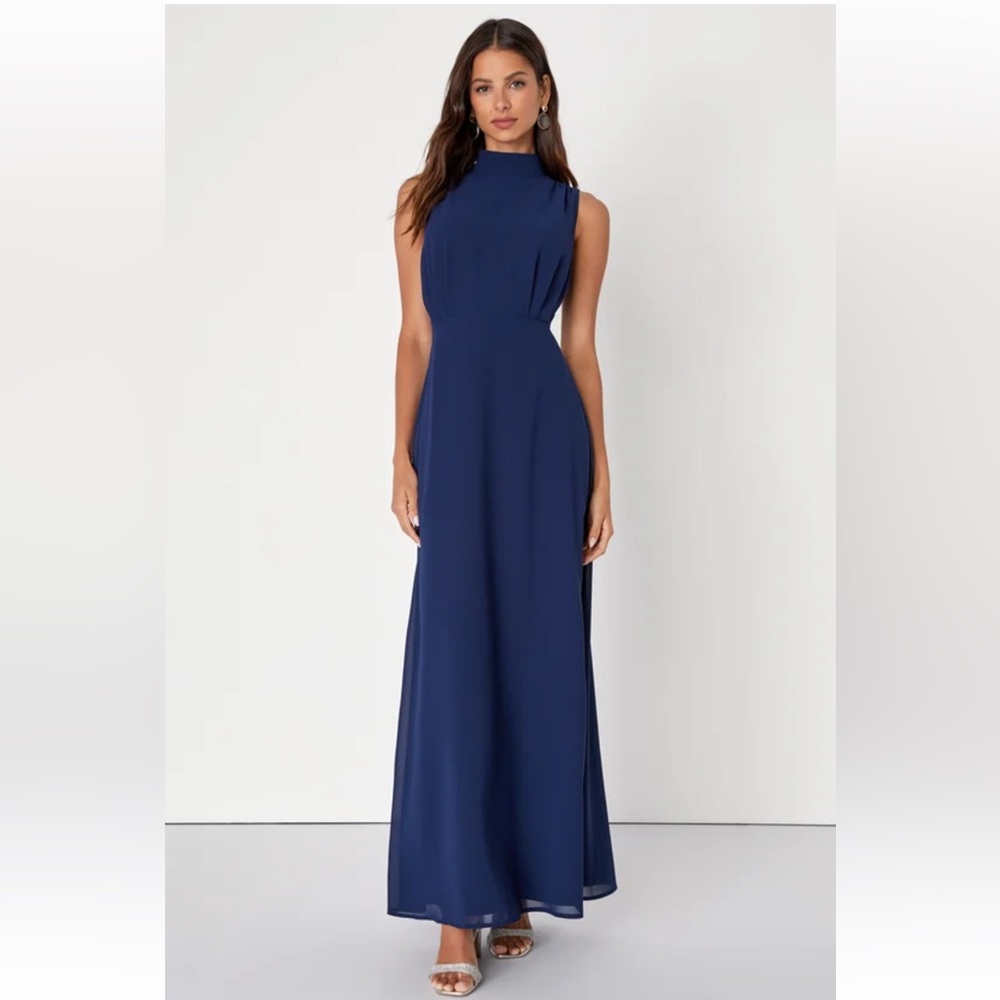 Lulu’s Classic Elegance Navy Chiffon Sleeveless Mock Neck Maxi Dress Size Large
